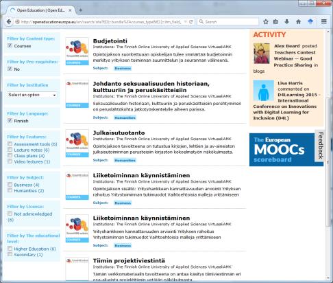 MOOC-hakukone (Mooctivity) Etusivu + ryhmittely,