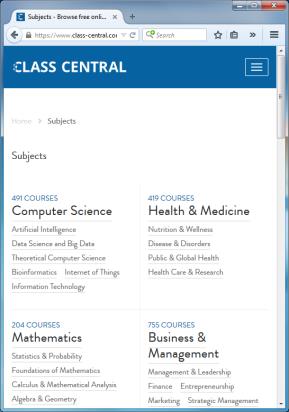 MOOC-hakukone (Class Central) Etusivu + ryhmittely + sanahaku, kurssihaku + suodattimet 21.4.
