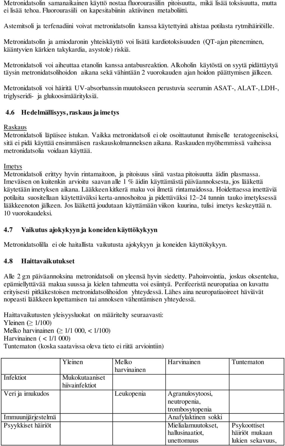 Metronidatsolin ja amiodaronin yhteiskäyttö voi lisätä kardiotoksisuuden (QT-ajan piteneminen, kääntyvien kärkien takykardia, asystole) riskiä.