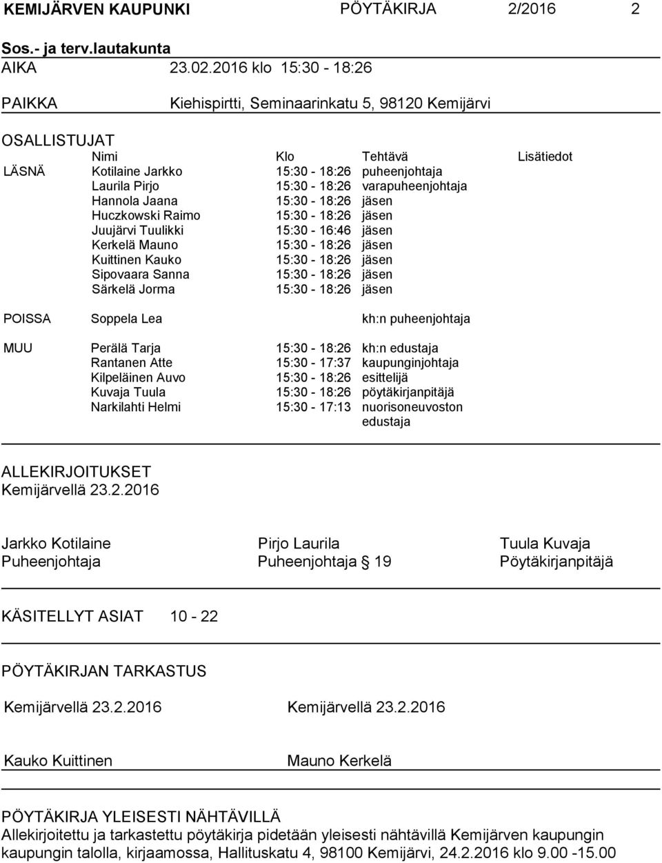 varapuheenjohtaja Hannola Jaana 15:30-18:26 jäsen Huczkowski Raimo 15:30-18:26 jäsen Juujärvi Tuulikki 15:30-16:46 jäsen Kerkelä Mauno 15:30-18:26 jäsen Kuittinen Kauko 15:30-18:26 jäsen Sipovaara