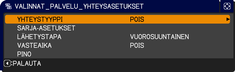 VALINNAT-valikko Kohta PALVELU (jatkuu) Kuvaus (1) Valitse säätölaite / -painikkeilla. SÄÄTÖPANEELI ó KAUKO-OHJAIN (2) Valitse PÄÄLLE tai POIS / -painikkeilla.