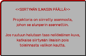 TURVALLISUUS-valikko Kohta SIIRTYMÄN ILMAISIN Kuvaus Jos tämän toiminnon asetuksena on PÄÄLLE, kun projektorin pystysuuntainen kulma tai PEILIKUVA-asetus on erilainen kuin aiempi tallennettu asetus