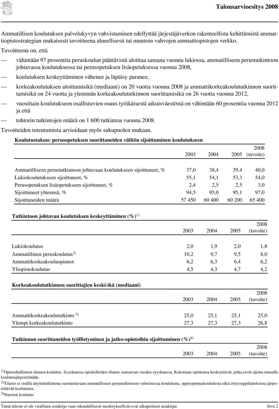 Tavoitteena on, että vähintään 97 prosenttia peruskoulun päättävistä aloittaa samana vuonna lukiossa, ammatilliseen perustutkintoon johtavassa koulutuksessa tai perusopetuksen lisäopetuksessa vuonna