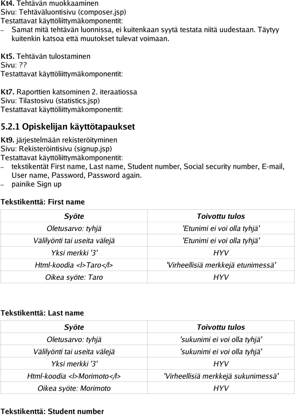 iteraatiossa Sivu: Tilastosivu (statistics.jsp) Testattavat käyttöliittymäkomponentit: 5.2.1 Opiskelijan käyttötapaukset Kt9. järjestelmään rekisteröityminen Sivu: Rekisteröintisivu (signup.