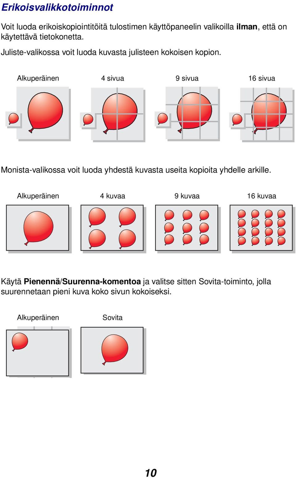 Alkuperäinen 4 sivua 9 sivua 16 sivua Monista-valikossa voit luoda yhdestä kuvasta useita kopioita yhdelle arkille.