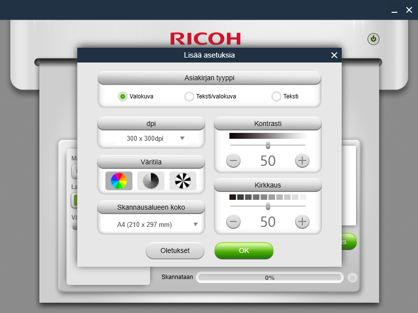 Windows-versio Asetukset Voit määrittää tarvittavat skannausparametrit ennen skannausta.