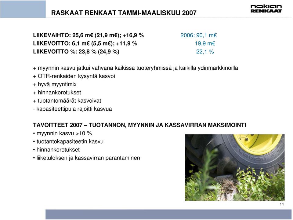 kysyntä kasvoi + hyvä myyntimix + hinnankorotukset + tuotantomäärät kasvoivat - kapasiteettipula rajoitti kasvua TAVOITTEET 2007