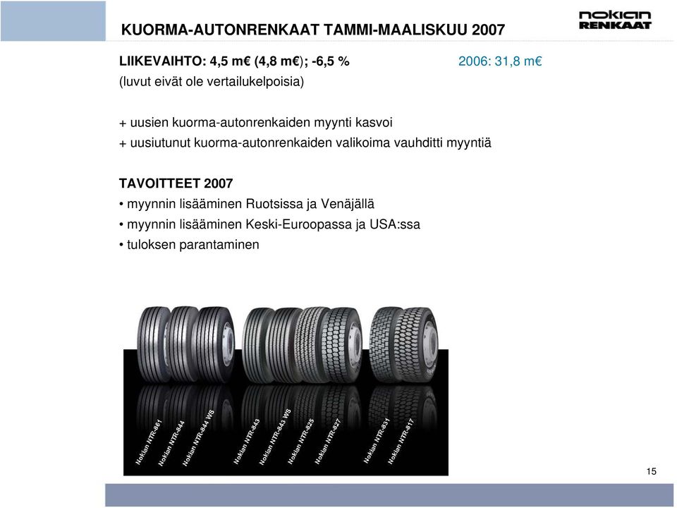 uusiutunut kuorma-autonrenkaiden valikoima vauhditti myyntiä TAVOITTEET 2007 myynnin