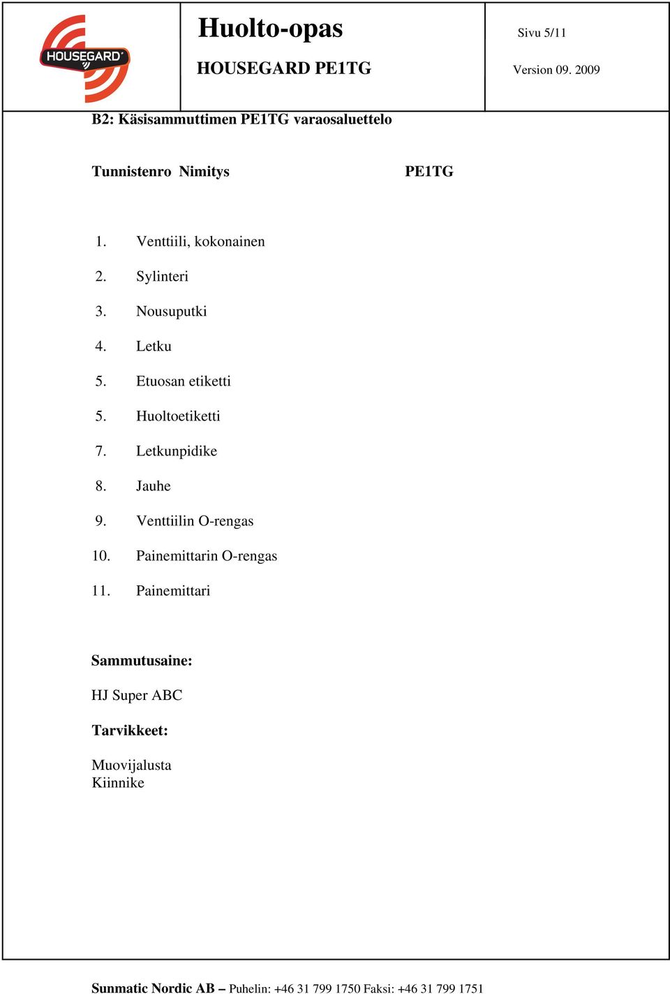 Etuosan etiketti 5. Huoltoetiketti 7. Letkunpidike 8. Jauhe 9. Venttiilin O-rengas 10.