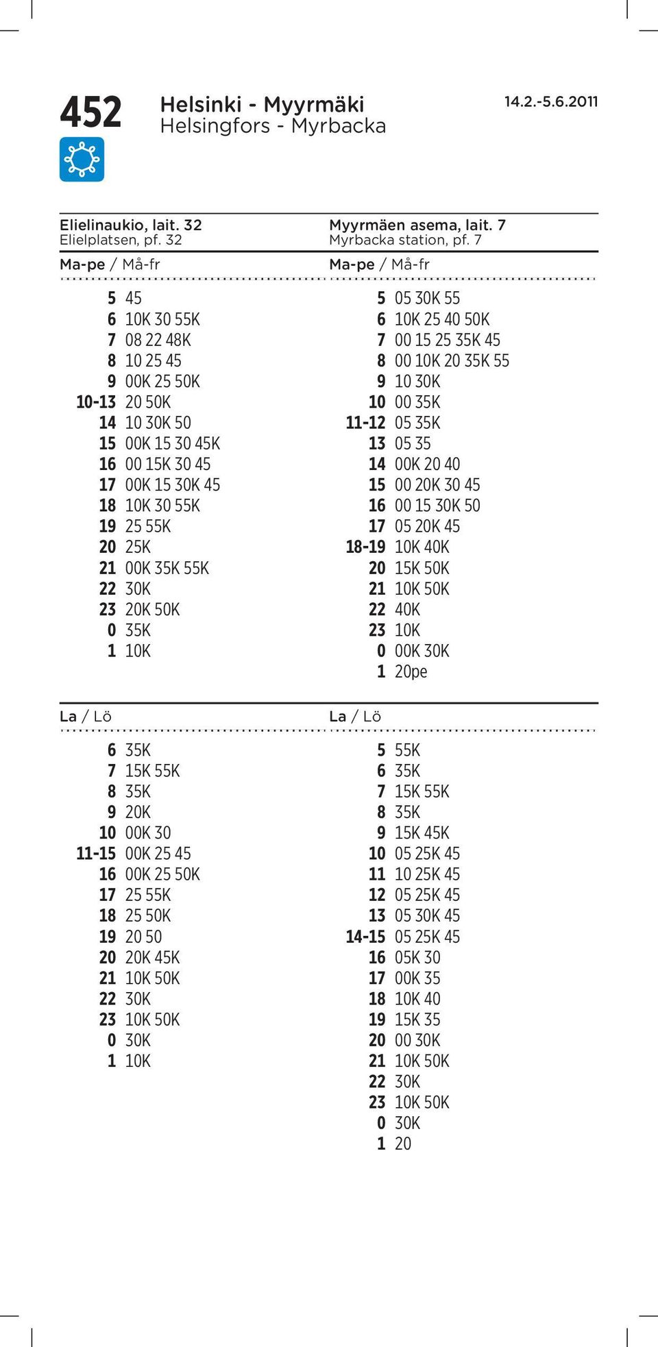 9 20K 10 00K 30 11-15 00K 25 45 16 00K 25 50K 17 25 55K 18 25 50K 19 20 50 20 20K 45K 1 10K Myyrmäen asema, lait. 7 Myrbacka station, pf.