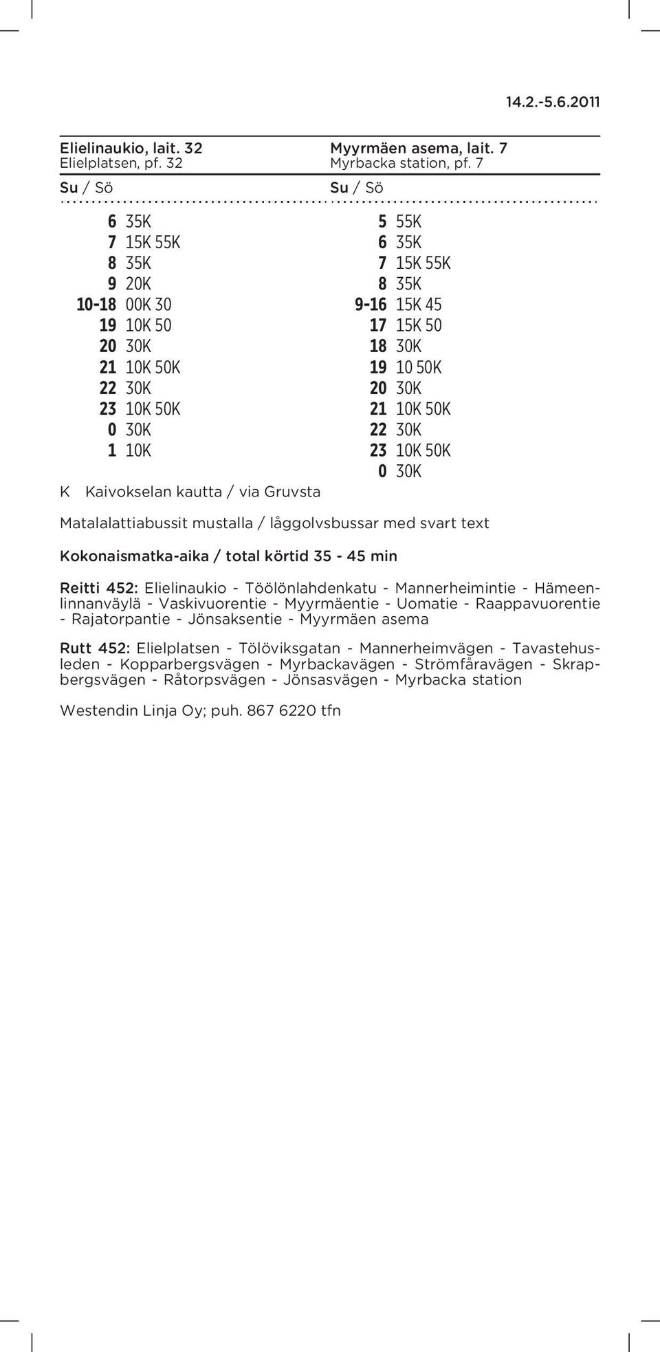 Reitti 452: Elielinaukio - Töölönlahdenkatu - Mannerheimintie - Hämeenlinnanväylä - Vaskivuorentie - Myyrmäentie - Uomatie - Raappavuorentie - Rajatorpantie - Jönsaksentie - Myyrmäen