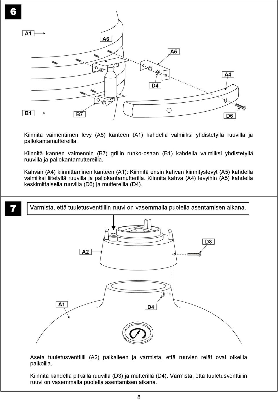 Kahvan (A4) kiinnittäminen kanteen (A1): Kiinnitä ensin kahvan kiinnityslevyt (A5) kahdella valmiiksi liitetyllä ruuvilla ja pallokantamutterilla.