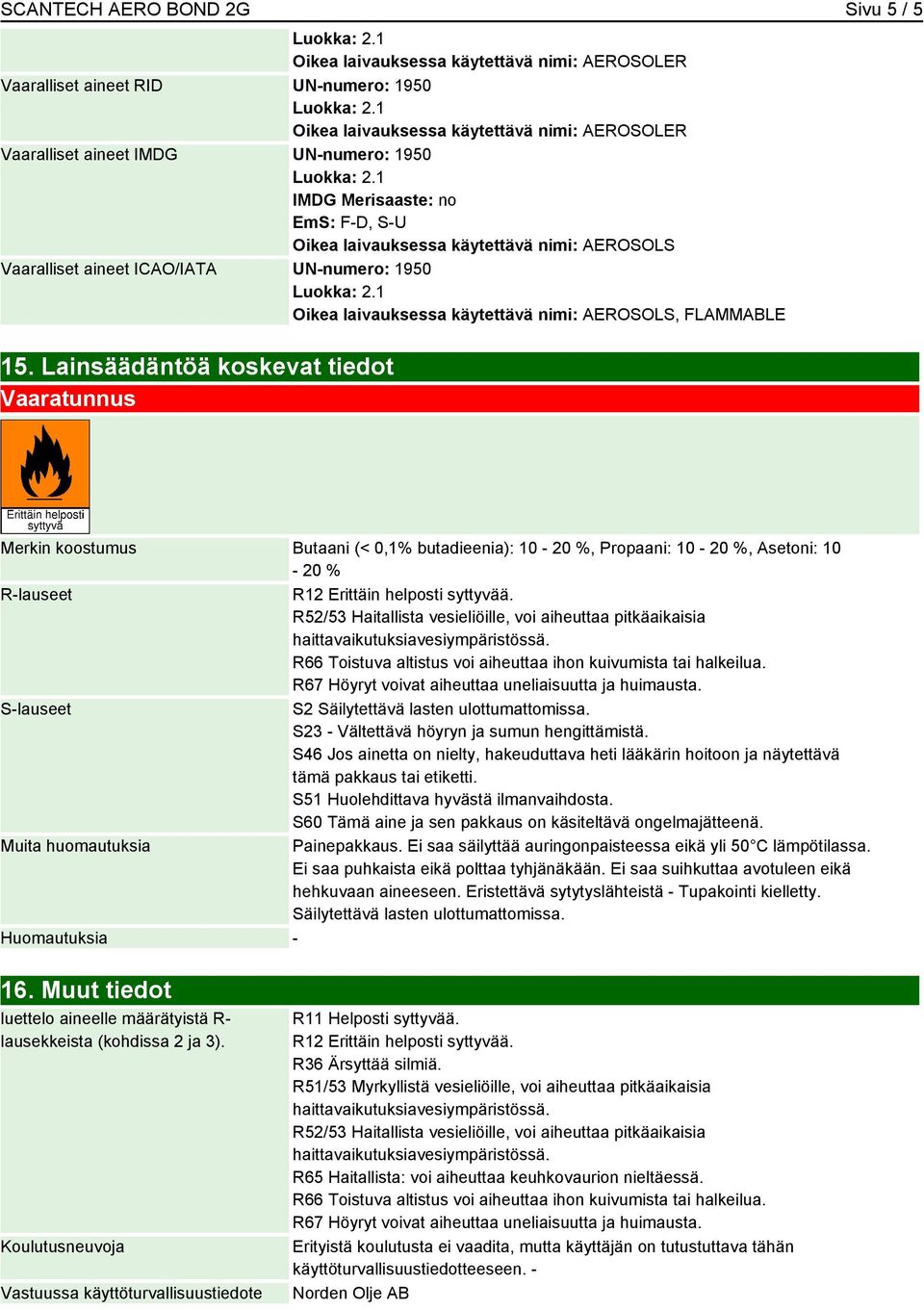 Lainsäädäntöä koskevat tiedot Vaaratunnus Merkin koostumus Butaani (< 0,1% butadieenia): 10-20 %, Propaani: 10-20 %, Asetoni: 10-20 % R-lauseet R12 Erittäin helposti syttyvää.