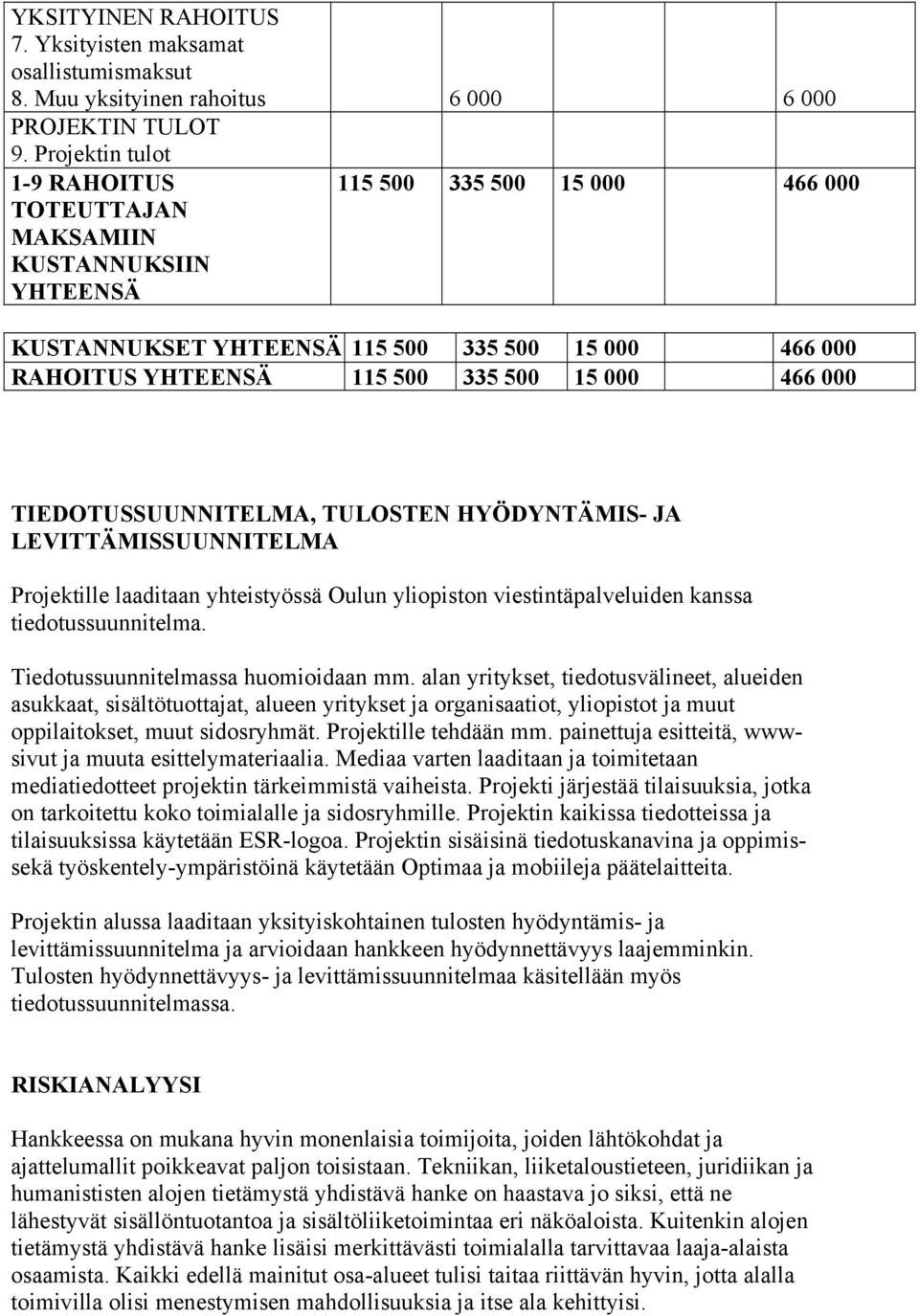 466 000 TIEDOTUSSUUNNITELMA, TULOSTEN HYÖDYNTÄMIS- JA LEVITTÄMISSUUNNITELMA Projektille laaditaan yhteistyössä Oulun yliopiston viestintäpalveluiden kanssa tiedotussuunnitelma.