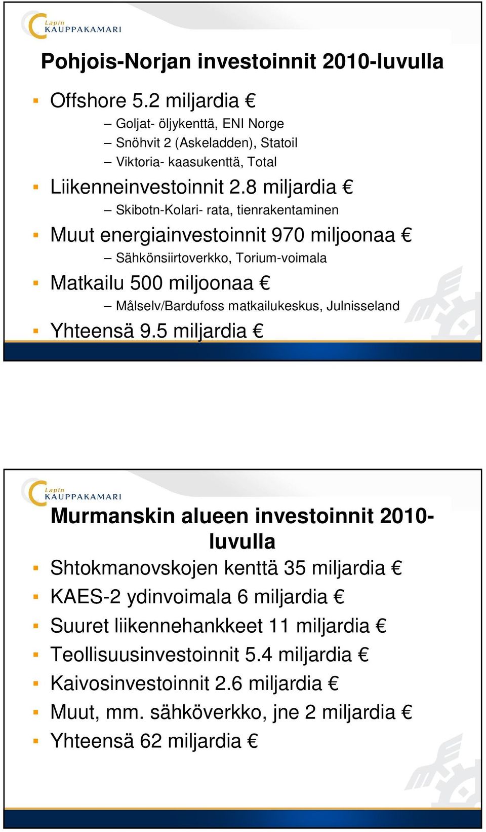 8 miljardia Skibotn-Kolari- rata, tienrakentaminen Muut energiainvestoinnit 970 miljoonaa Sähkönsiirtoverkko, Torium-voimala Matkailu 500 miljoonaa Målselv/Bardufoss