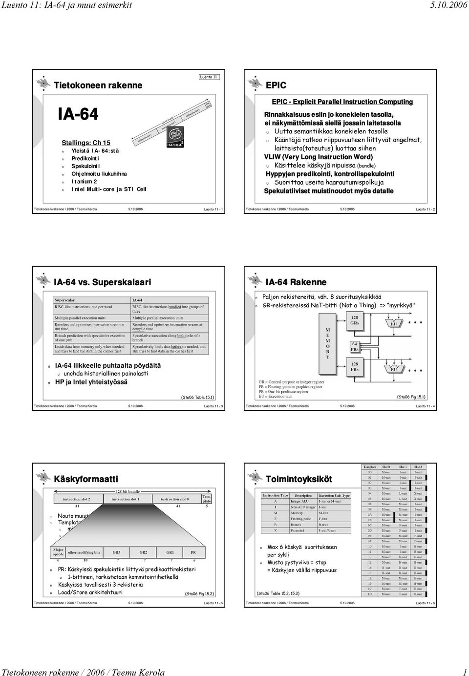laitteisto(toteutus) luottaa siihen VLIW (Very Long Instruction Word) u Käsittelee käskyjä nipuissa (bundle) Hyppyjen predikointi, kontrollispekulointi u Suorittaa useita haarautumispolkuja