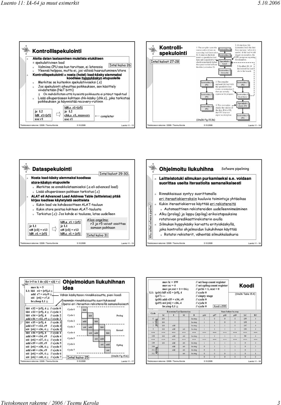 s) u Jos spekulointi aiheuttaa poikkeuksen, sen käsittely viivästetään (NaT bitti) On mahdollistam että kyseistä poikkeusta ei pitänyt tapahtua! u Lisää alkuperäiseen kohtaan chk-käsky (chk.