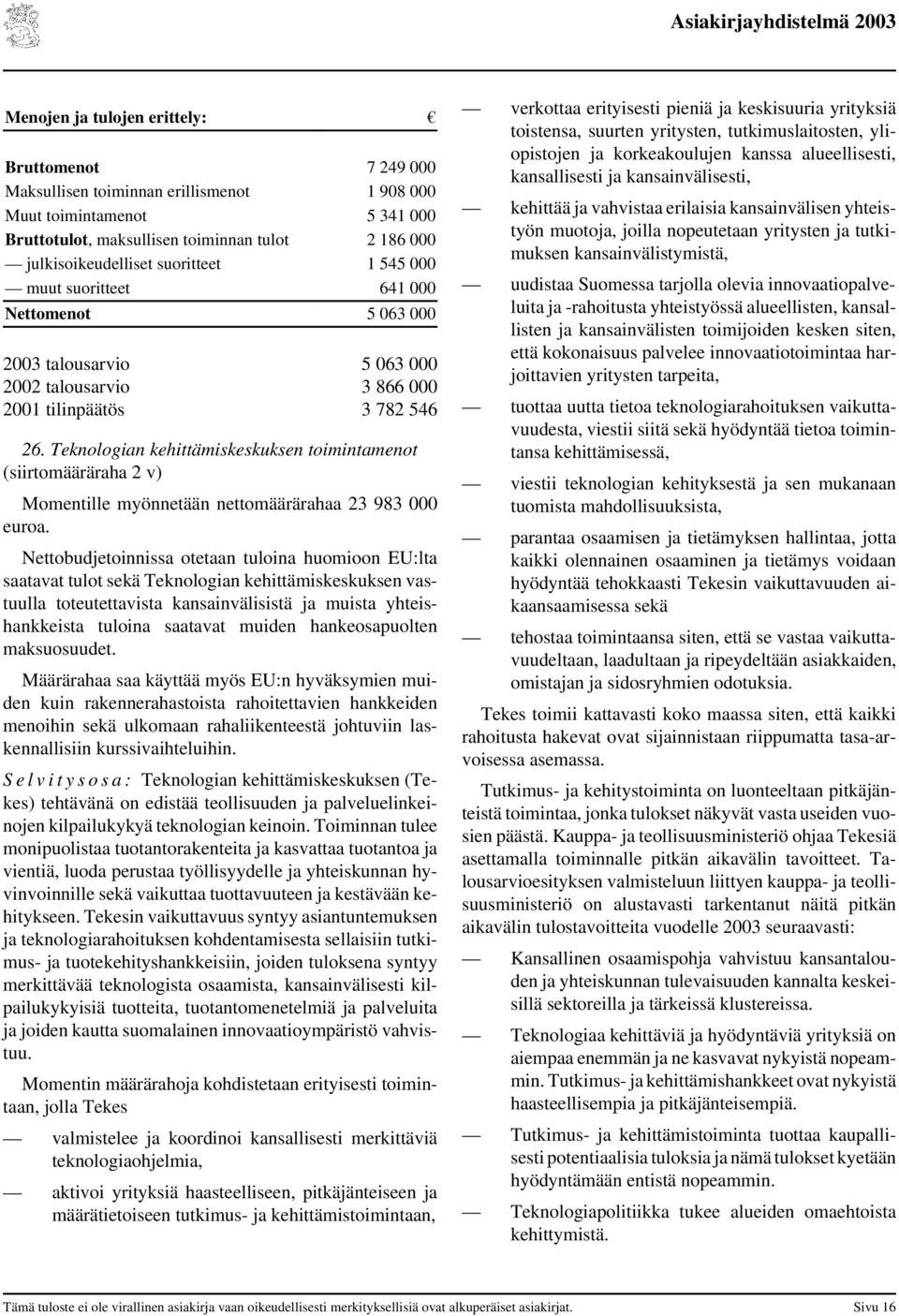 Teknologian kehittämiskeskuksen toimintamenot (siirtomääräraha 2 v) Momentille myönnetään nettomäärärahaa 23 983 000 euroa.