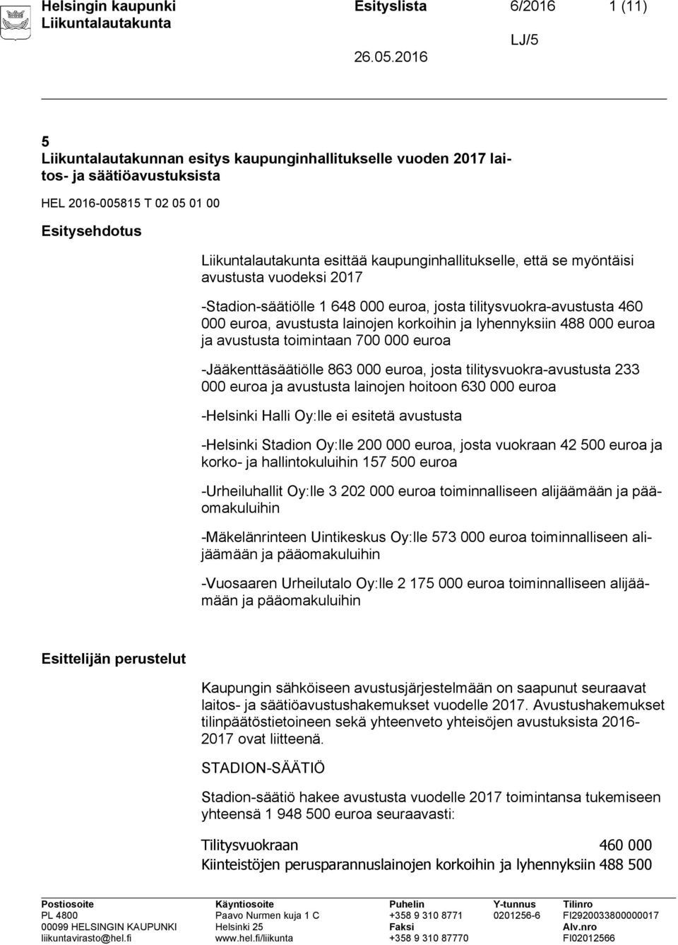 euroa ja avustusta toimintaan 700 000 euroa -Jääkenttäsäätiölle 863 000 euroa, josta tilitysvuokra-avustusta 233 000 euroa ja avustusta lainojen hoitoon 630 000 euroa -Helsinki Halli Oy:lle ei