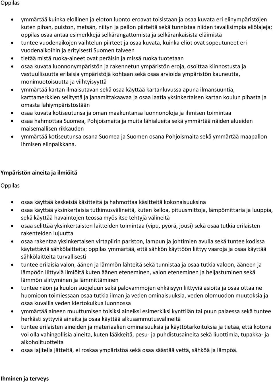 erityisesti Suomen talveen tietää mistä ruoka-aineet ovat peräisin ja missä ruoka tuotetaan osaa kuvata luonnonympäristön ja rakennetun ympäristön eroja, osoittaa kiinnostusta ja vastuullisuutta