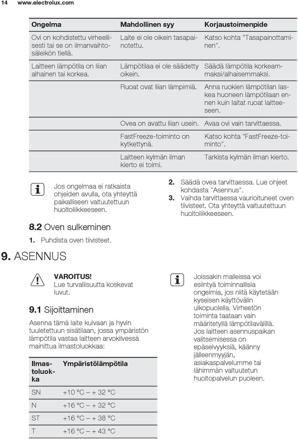 Katso kohta "Tasapainottaminen". Säädä lämpötila korkeammaksi/alhaisemmaksi. Anna ruokien lämpötilan laskea huoneen lämpötilaan ennen kuin laitat ruoat laitteeseen. Avaa ovi vain tarvittaessa.