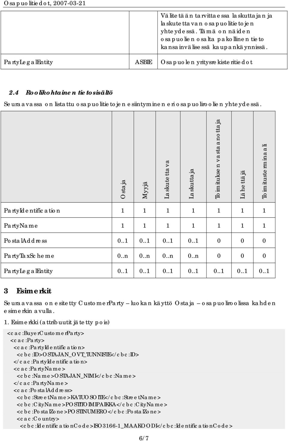 Ostaja Myyjä Laskutettava Laskuttaja Toimituksen vastaanottaja Lähettäjä Toimitusterminaali PartyIdentification 1 1 1 1 1 1 1 PartyName 1 1 1 1 1 1 1 PostalAddress 0..1 0..1 0..1 0..1 0 0 0 PartyTaxScheme 0.