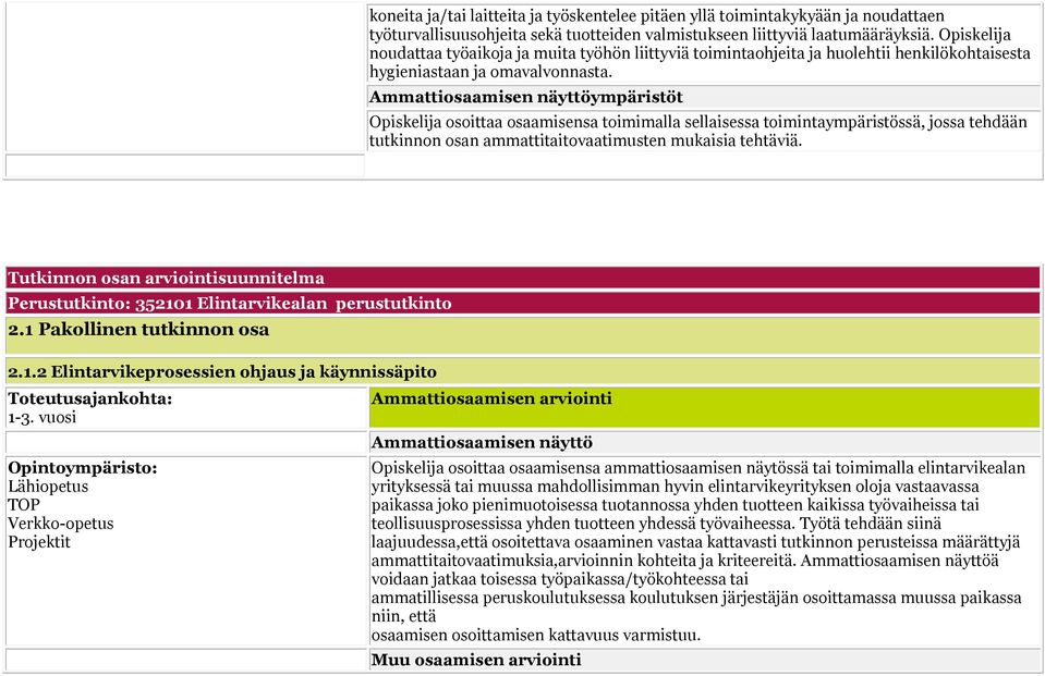 Ammattiosaamisen näyttöympäristöt Opiskelija osoittaa osaamisensa toimimalla sellaisessa toimintaympäristössä, jossa tehdään tutkinnon osan ammattitaitovaatimusten mukaisia tehtäviä.