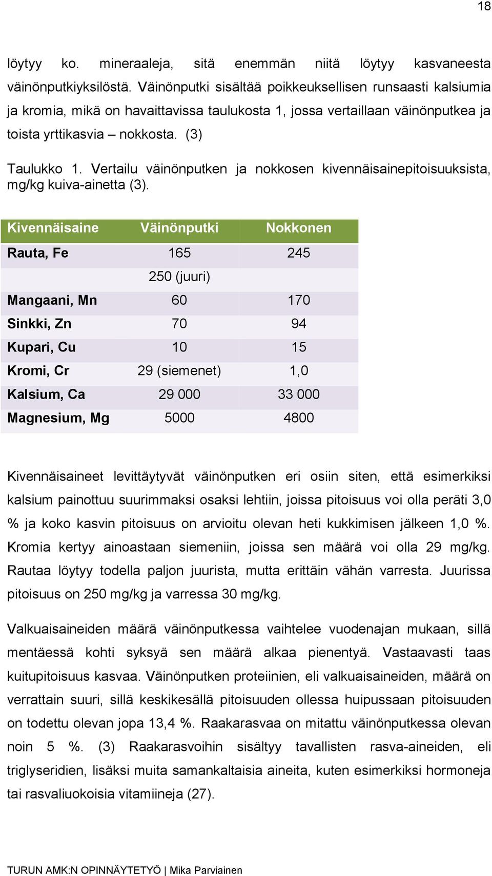 Vertailu väinönputken ja nokkosen kivennäisainepitoisuuksista, mg/kg kuiva-ainetta (3).