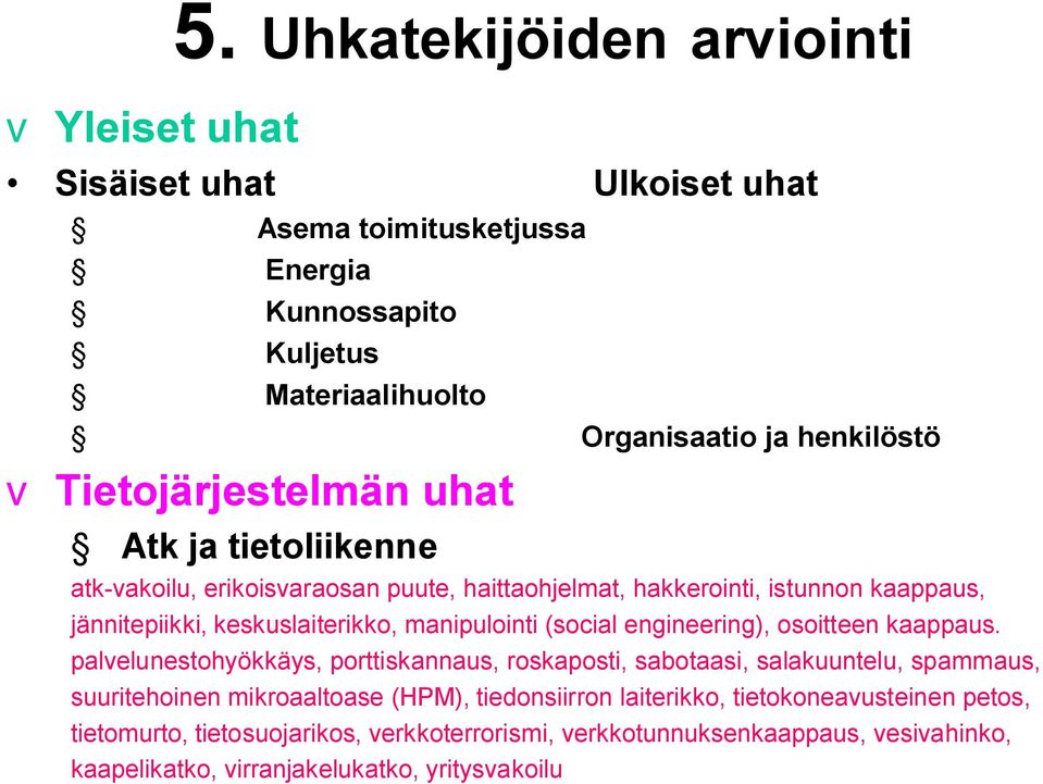 uhat Atk ja tietoliikenne atk-vakoilu, erikoisvaraosan puute, haittaohjelmat, hakkerointi, istunnon kaappaus, jännitepiikki, keskuslaiterikko, manipulointi (social