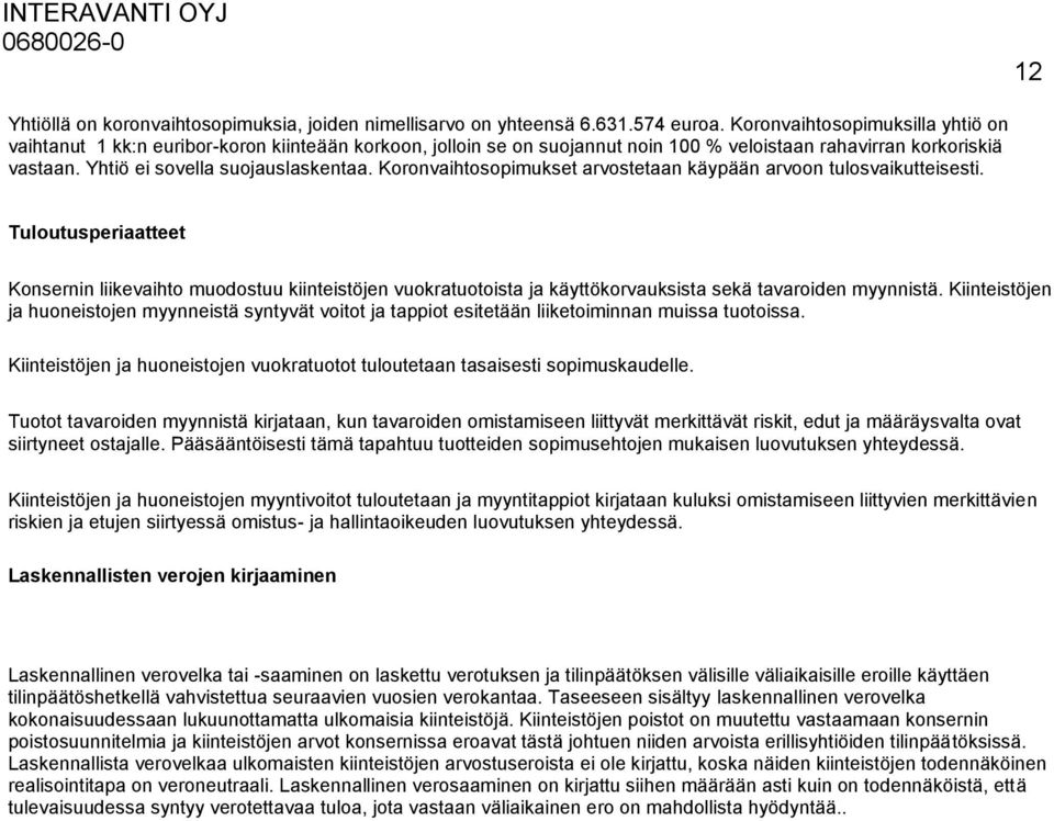 Koronvaihtosopimukset arvostetaan käypään arvoon tulosvaikutteisesti. Tuloutusperiaatteet Konsernin liikevaihto muodostuu kiinteistöjen vuokratuotoista ja käyttökorvauksista sekä tavaroiden myynnistä.