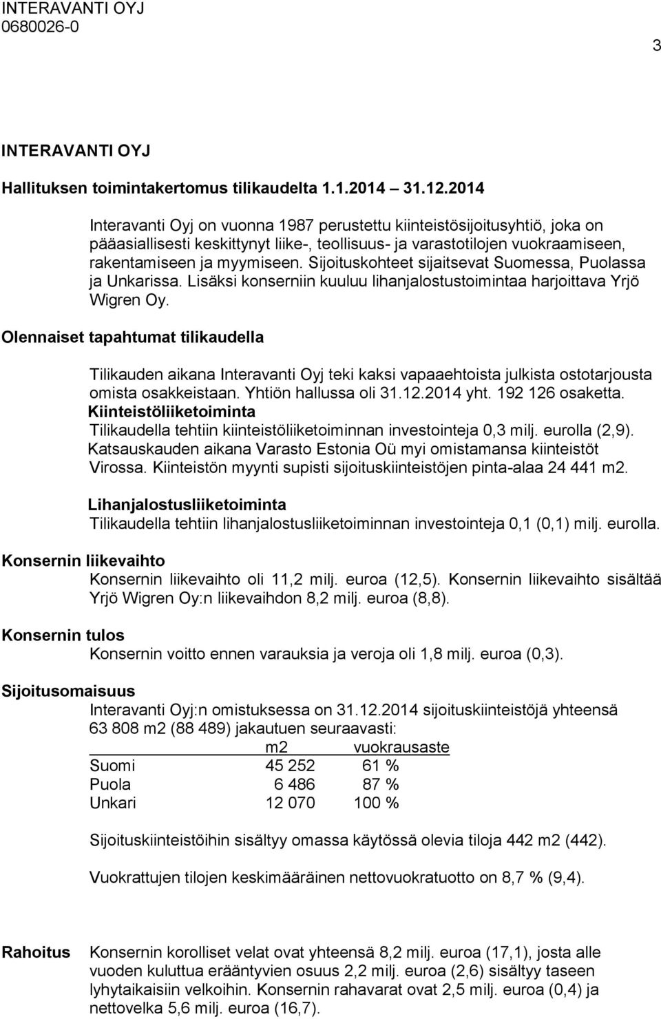 Sijoituskohteet sijaitsevat Suomessa, Puolassa ja Unkarissa. Lisäksi konserniin kuuluu lihanjalostustoimintaa harjoittava Yrjö Wigren Oy.