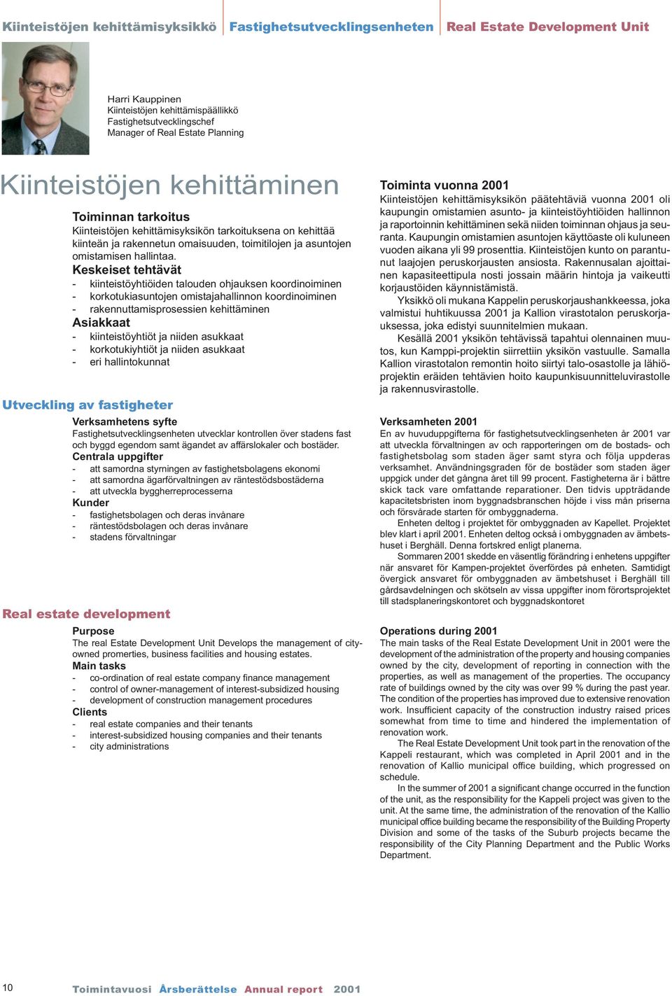 Keskeiset tehtävät - kiinteistöyhtiöiden talouden ohjauksen koordinoiminen - korkotukiasuntojen omistajahallinnon koordinoiminen - rakennuttamisprosessien kehittäminen Asiakkaat - kiinteistöyhtiöt ja