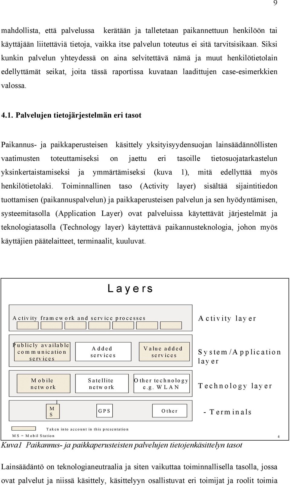 Palvelujen tietojärjestelmän eri tasot Paikannus- ja paikkaperusteisen käsittely yksityisyydensuojan lainsäädännöllisten vaatimusten toteuttamiseksi on jaettu eri tasoille tietosuojatarkastelun