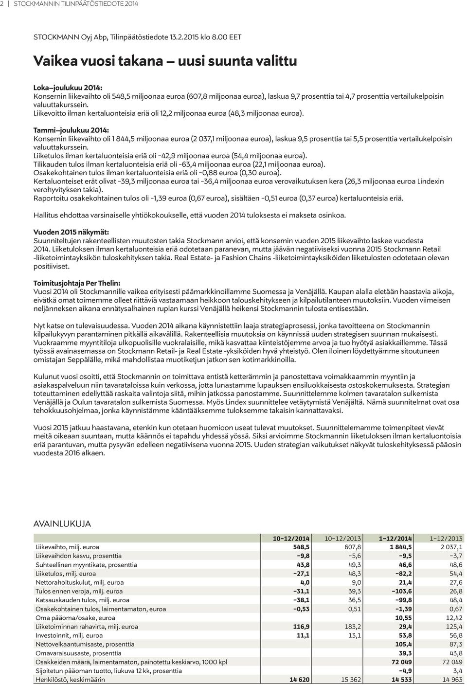 valuuttakurssein. Liikevoitto ilman kertaluonteisia eriä oli 12,2 miljoonaa euroa (48,3 miljoonaa euroa).