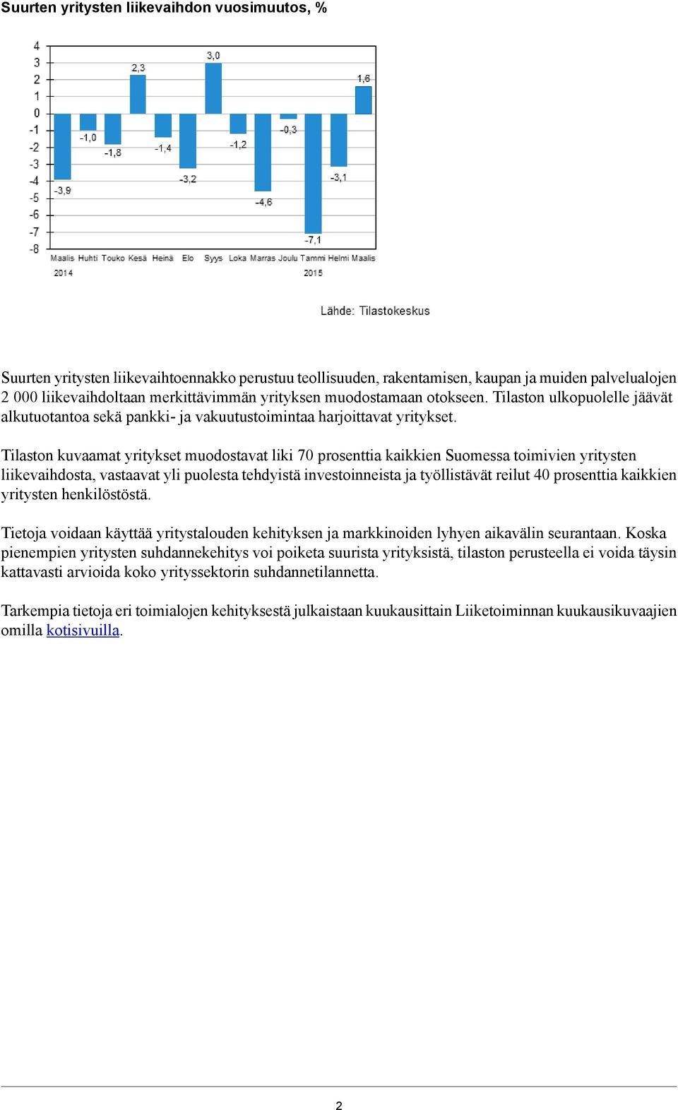 Tilaston kuvaamat yritykset muodostavat liki 70 prosenttia kaikkien Suomessa toimivien yritysten liikevaihdosta, vastaavat yli puolesta tehdyistä investoinneista ja työllistävät reilut 40 prosenttia