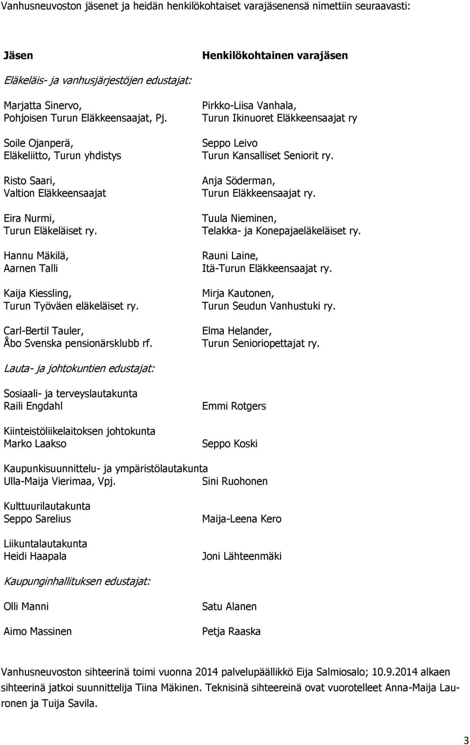 Hannu Mäkilä, Aarnen Talli Kaija Kiessling, Turun Työväen eläkeläiset ry. Carl-Bertil Tauler, Åbo Svenska pensionärsklubb rf.