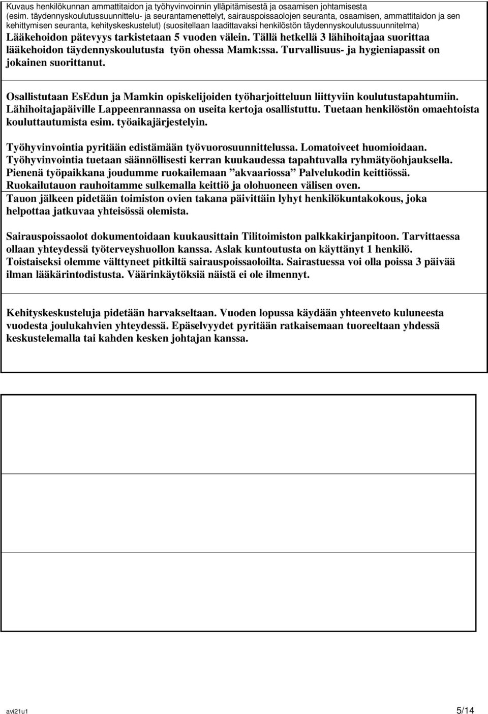 täydennyskoulutussuunnitelma) Lääkehoidon pätevyys tarkistetaan 5 vuoden välein. Tällä hetkellä 3 lähihoitajaa suorittaa lääkehoidon täydennyskoulutusta työn ohessa Mamk:ssa.