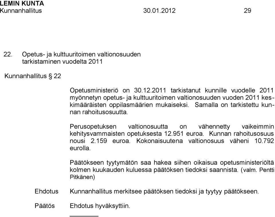 Kokonaisuutena valtionosuus väheni 10.792 eurolla. Päätökseen tyytymätön saa hakea siihen oikaisua opetusministeriöltä kolmen kuukauden kuluessa päätöksen tiedoksi saannista. (valm.