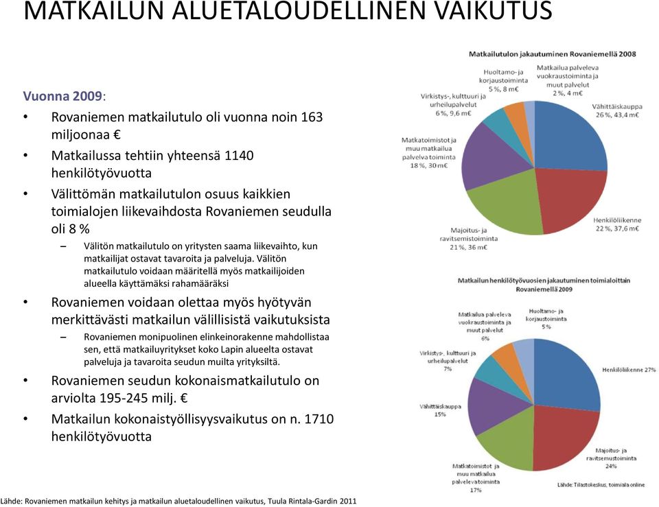 Välitön matkailutulo voidaan määritellä myös matkailijoiden alueella käyttämäksi rahamääräksi Rovaniemen voidaan olettaa myös hyötyvän merkittävästi matkailun välillisistä vaikutuksista Rovaniemen