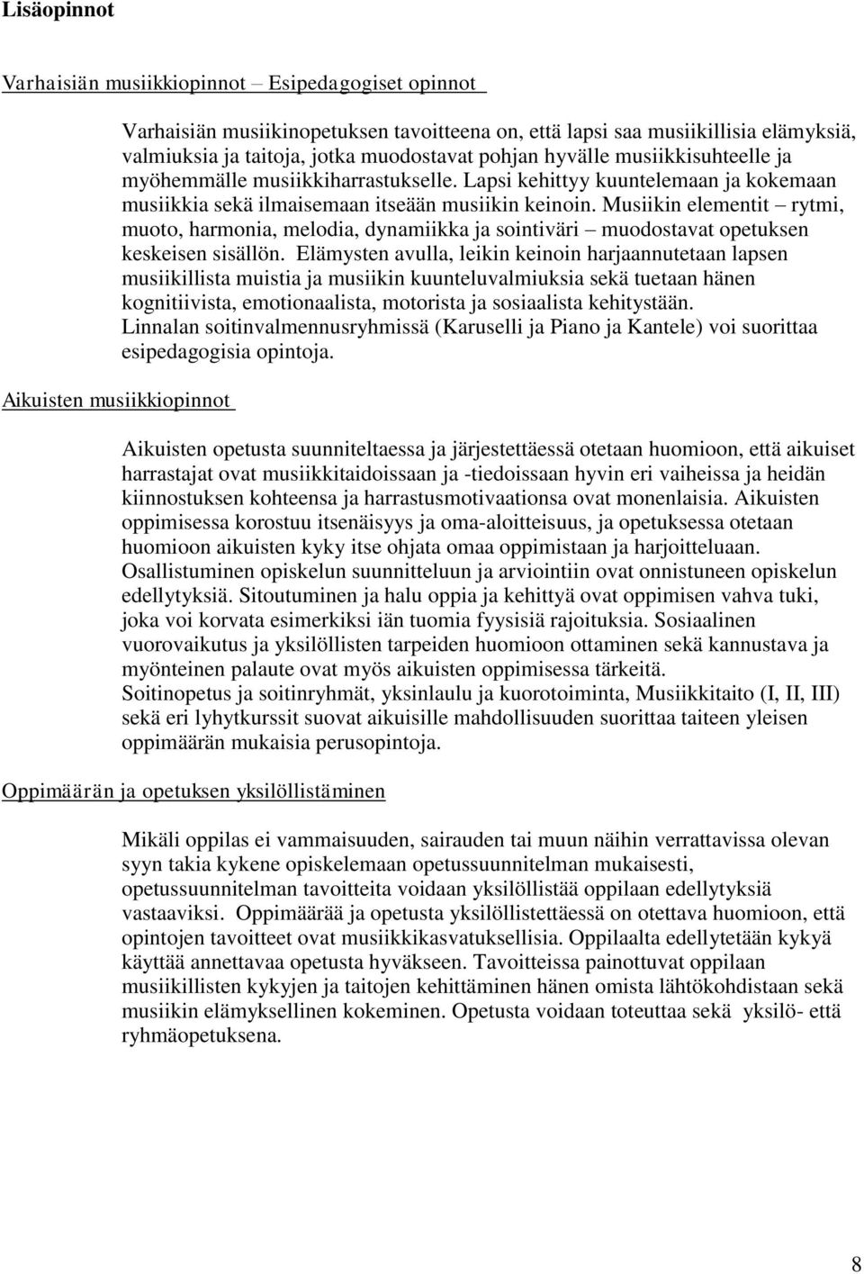 Musiikin elementit rytmi, muoto, harmonia, melodia, dynamiikka ja sointiväri muodostavat opetuksen keskeisen sisällön.