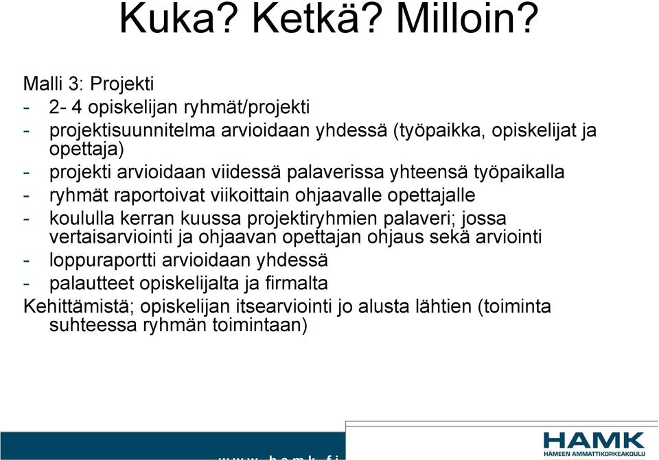 projekti arvioidaan viidessä palaverissa yhteensä työpaikalla - ryhmät raportoivat viikoittain ohjaavalle opettajalle - koululla kerran