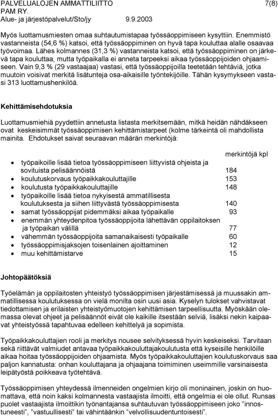 Lähes kolmannes (31,3 %) vastanneista katsoi, että työssäoppiminen on järkevä tapa kouluttaa, mutta työpaikalla ei anneta tarpeeksi aikaa työssäoppijoiden ohjaamiseen.