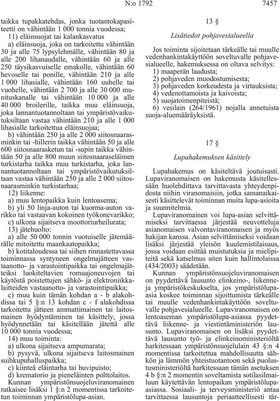 vuohelle, vähintään 2 700 ja alle 30 000 munituskanalle tai vähintään 10 000 ja alle 40 000 broilerille, taikka muu eläinsuoja, joka lannantuotannoltaan tai ympäristövaikutuksiltaan vastaa vähintään