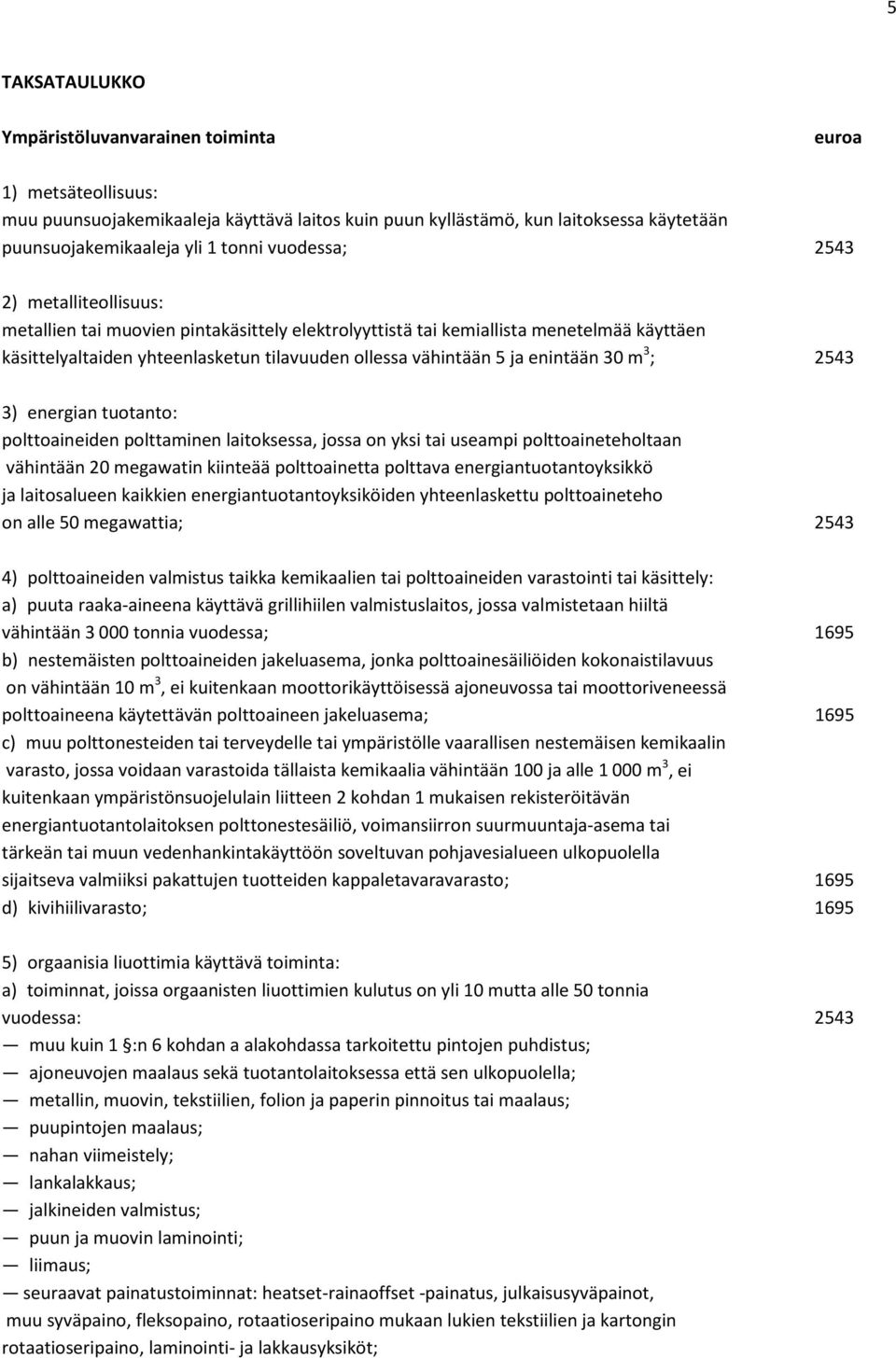 enintään 30 m 3 ; 2543 3) energian tuotanto: polttoaineiden polttaminen laitoksessa, jossa on yksi tai useampi polttoaineteholtaan vähintään 20 megawatin kiinteää polttoainetta polttava