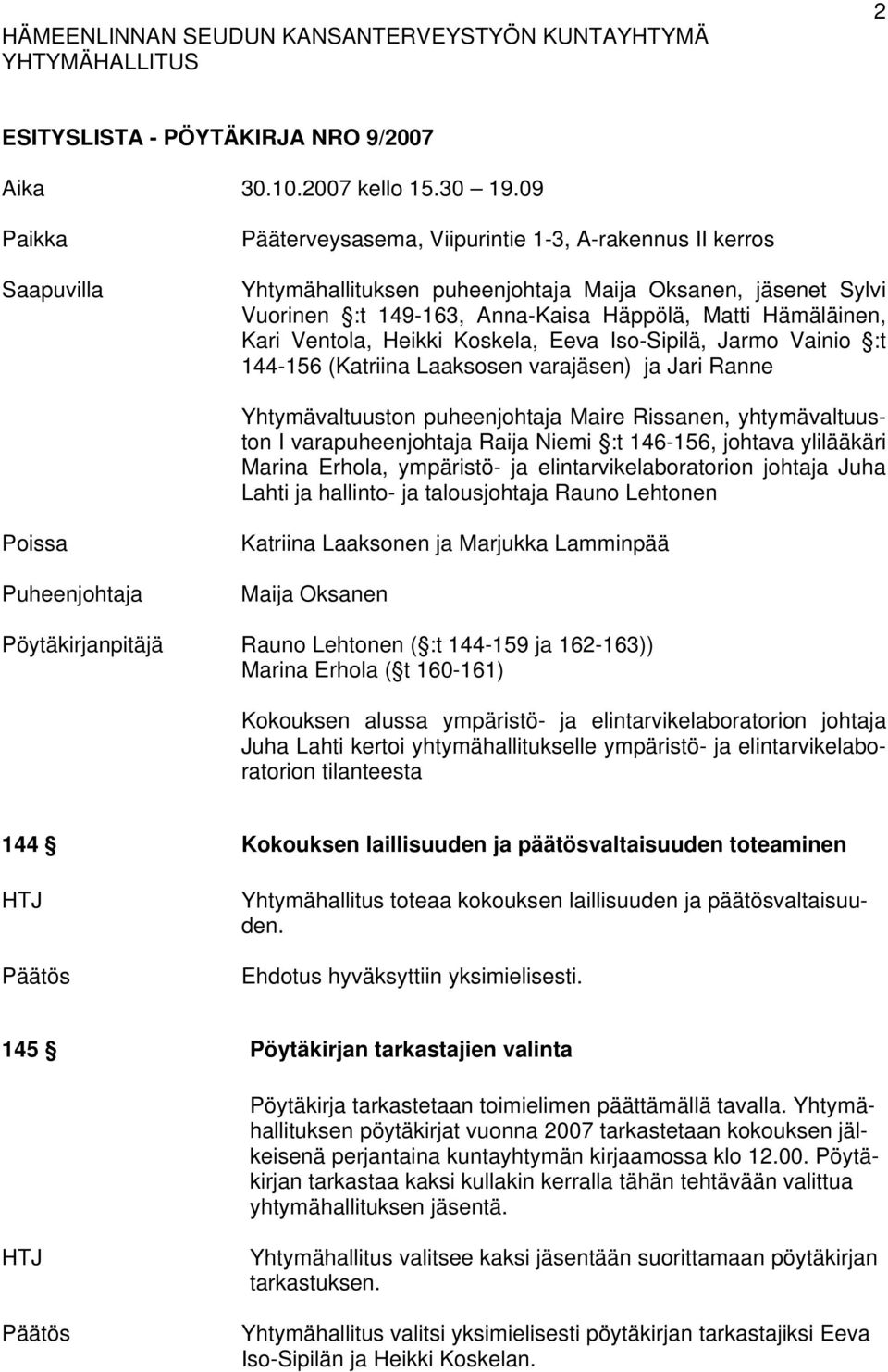 Kari Ventola, Heikki Koskela, Eeva Iso-Sipilä, Jarmo Vainio :t 144-156 (Katriina Laaksosen varajäsen) ja Jari Ranne Yhtymävaltuuston puheenjohtaja Maire Rissanen, yhtymävaltuuston I varapuheenjohtaja