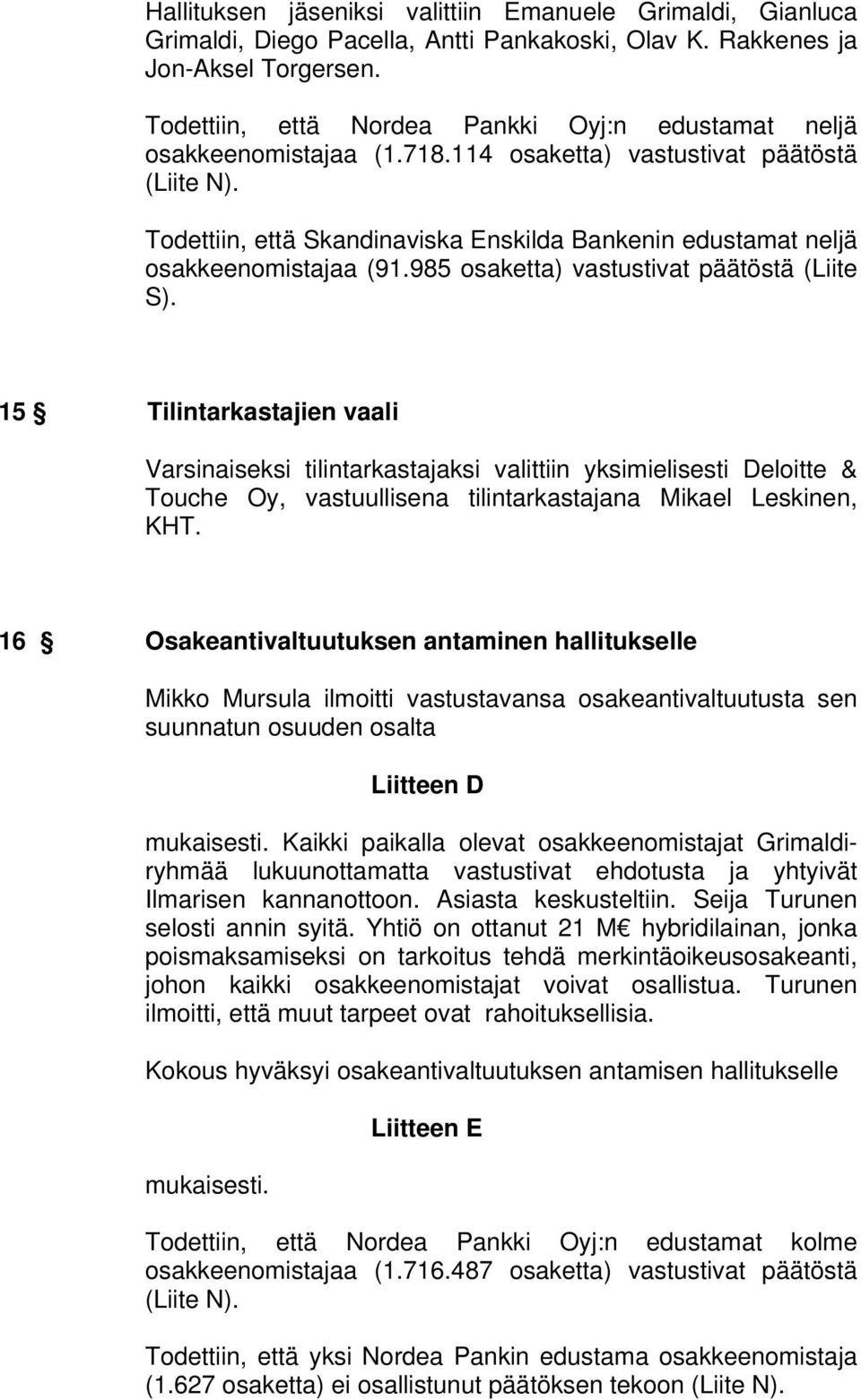 Todettiin, että Skandinaviska Enskilda Bankenin edustamat neljä osakkeenomistajaa (91.985 osaketta) vastustivat päätöstä (Liite S).