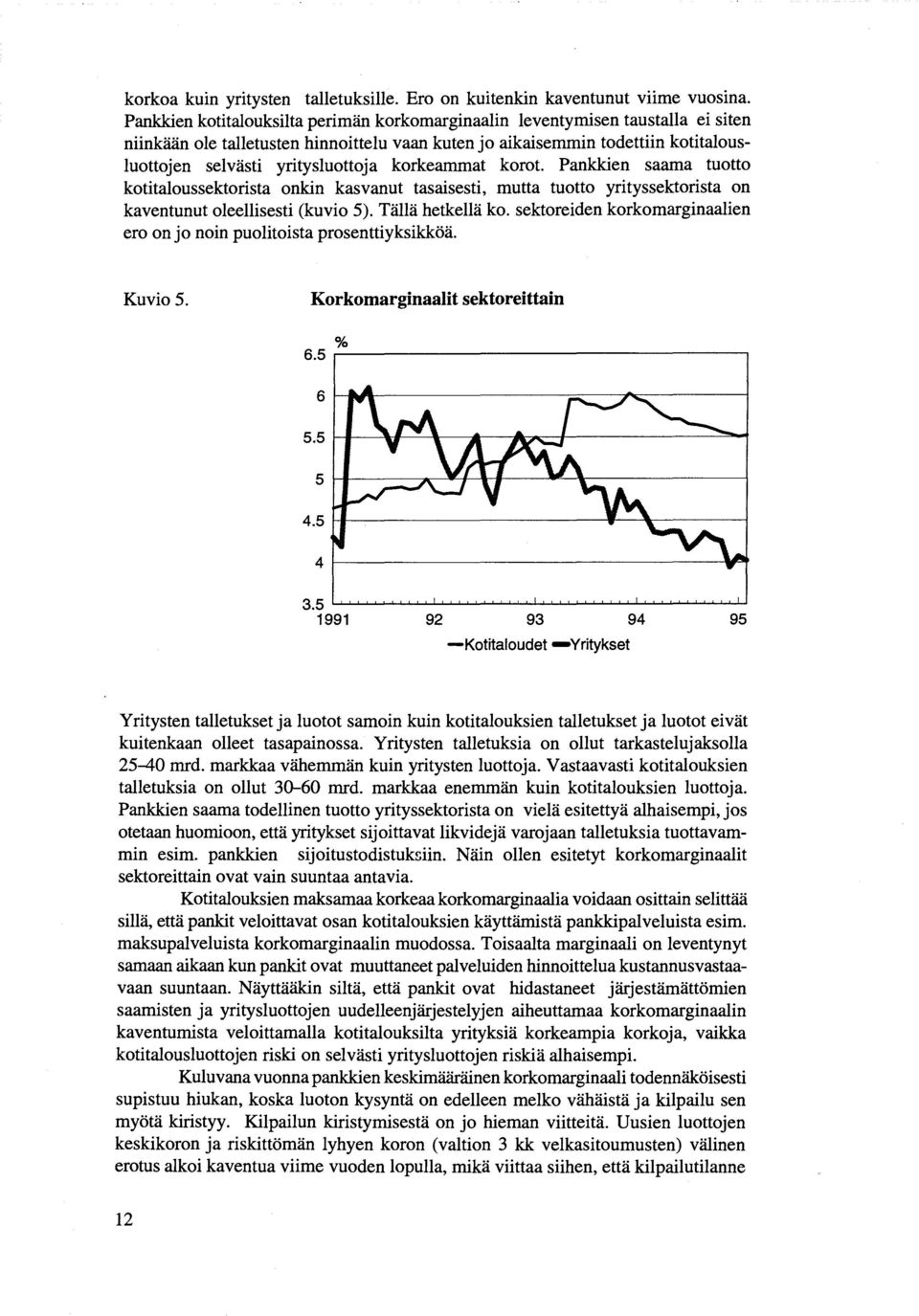 korkeammat korot. Pankkien saama tuotto kotitaloussektorista onkin kasvanut tasaisesti, mutta tuotto yrityssektorista on kaventunut oleellisesti (kuvio 5). Tällä hetkellä ko.