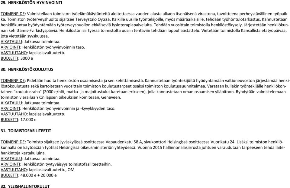 Kannustetaan henkilökuntaa hyödyntämään työterveyshuollon ehkäiseviä fysioterapiapalveluita. Tehdään vuosittain toimistolla henkilöstökysely. Järjestetään henkilökunnan kehittämis-/virkistyspäiviä.