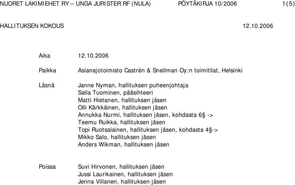 pääsihteeri Matti Hietanen, hallituksen jäsen Olli Kärkkäinen, hallituksen jäsen Annukka Nurmi, hallituksen jäsen, kohdasta 6 -> Teemu