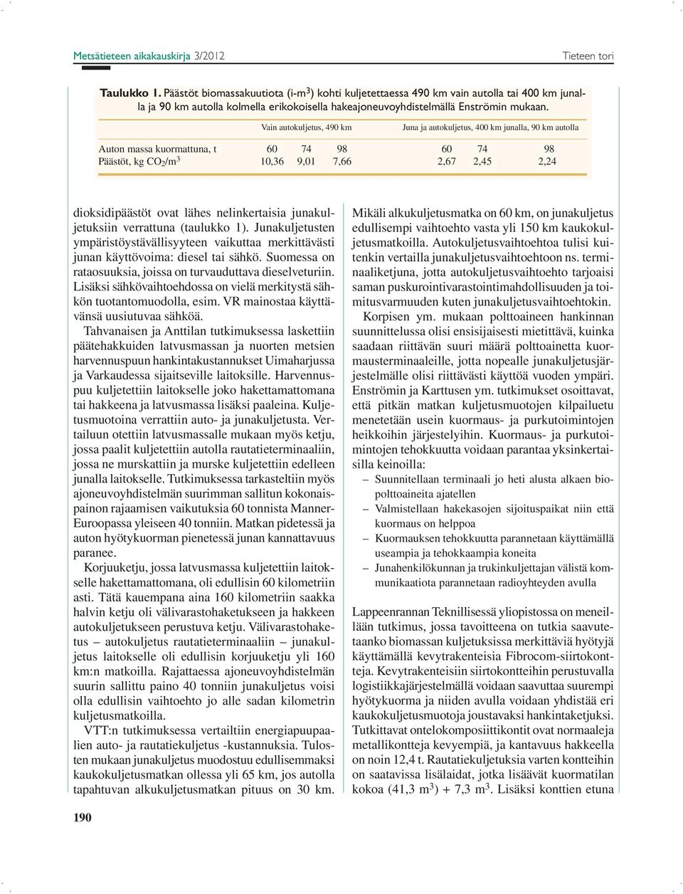 Vain autokuljetus, 490 km Juna ja autokuljetus, 400 km junalla, 90 km autolla Auton massa kuormattuna, t 60 74 98 60 74 98 Päästöt, kg CO 2 /m 3 10,36 9,01 7,66 2,67 2,45 2,24 dioksidipäästöt ovat